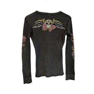 Y2K‎ lucky brand S waffle thermal Henley tattoo graphic skull roses indie rock